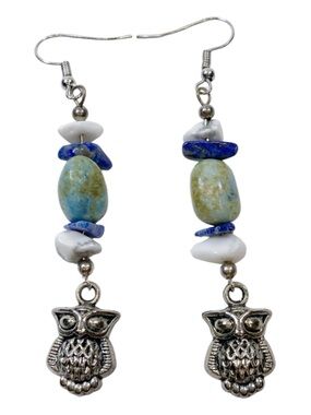 Handcrafted lapis lazuli  Larimar Stone Owl Drop Earrings